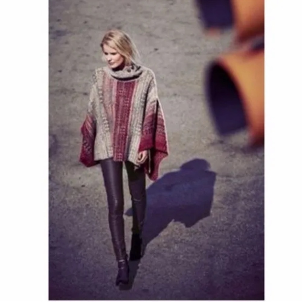 NWT Free People Willow Poncho Sweater Pullover Cowl Neck Red Combo Sz XS